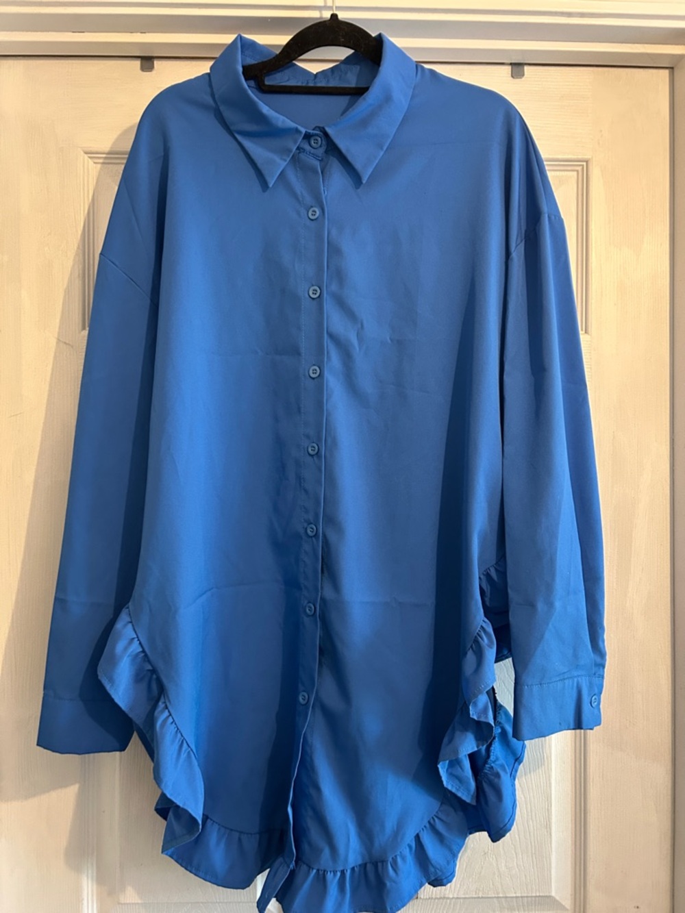 Blue Ruffle Hem Button-Front Tunic